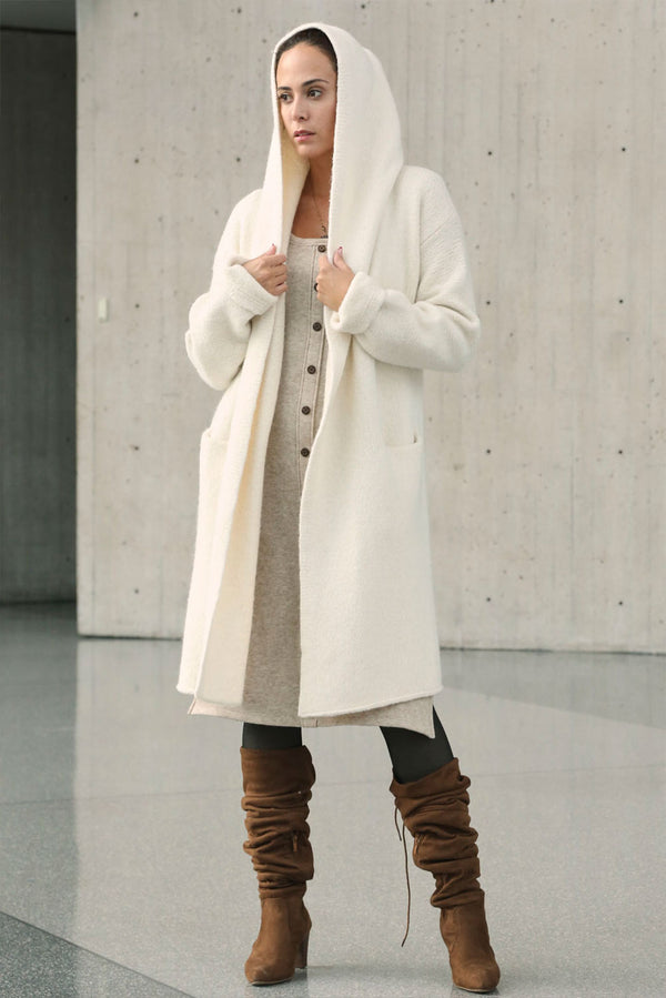 Belen Hooded Knit Alpaca Coat / Long Cardigan — White — white alpaca by Alpaca Collections