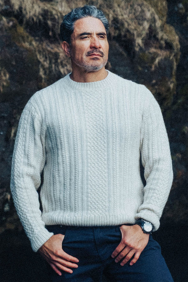 Men's Cable Baby Alpaca Sweater — White — white baby alpaca by Alpaca Collections