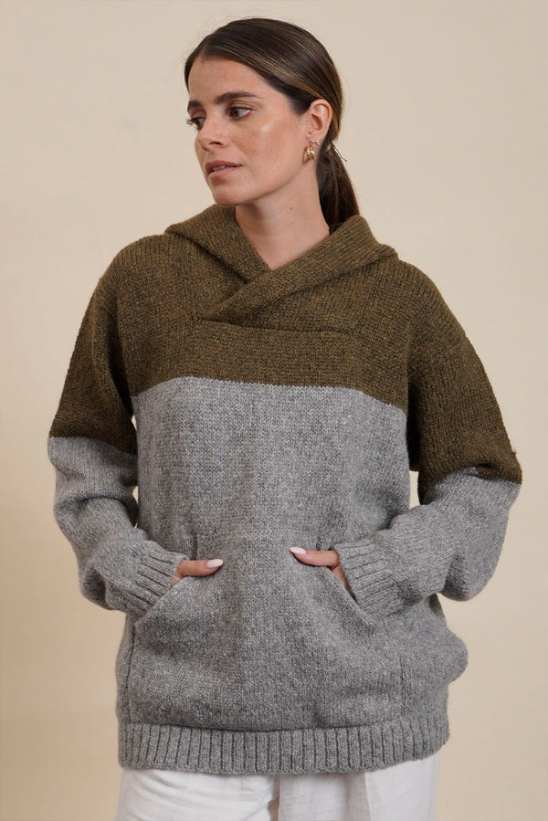 Coraline Alpaca Hoodie Pullover — Military Green / Grey — military green / grey alpaca by Alpaca Collections