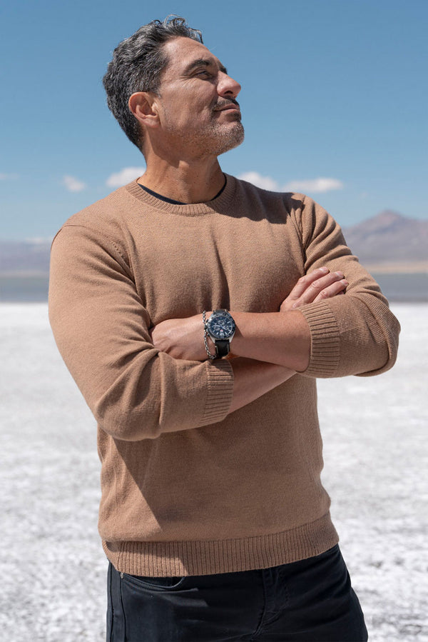 Men's Crew-Neck Royal Alpaca Sweater — Camel — camel royal alpaca by Alpaca Collections