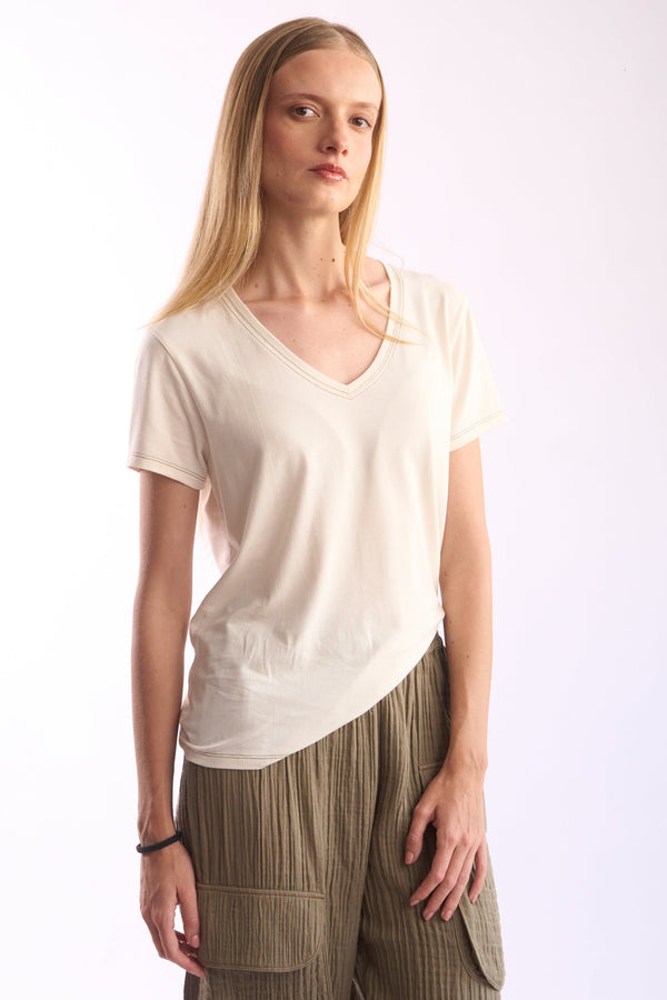 Women's V-Neck Pima Cotton T-Shirt — White — white alpaca by Alpaca Collections