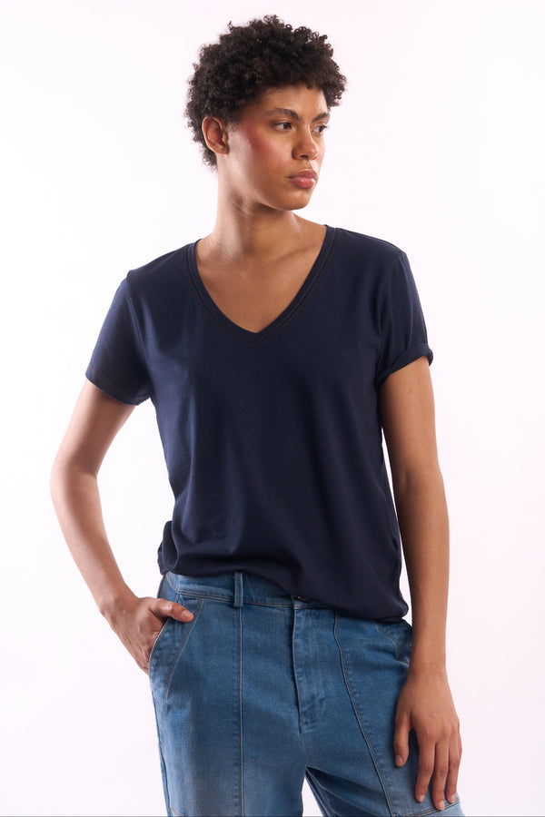 Women's V-Neck Pima Cotton T-Shirt — Navy — navy alpaca by Alpaca Collections