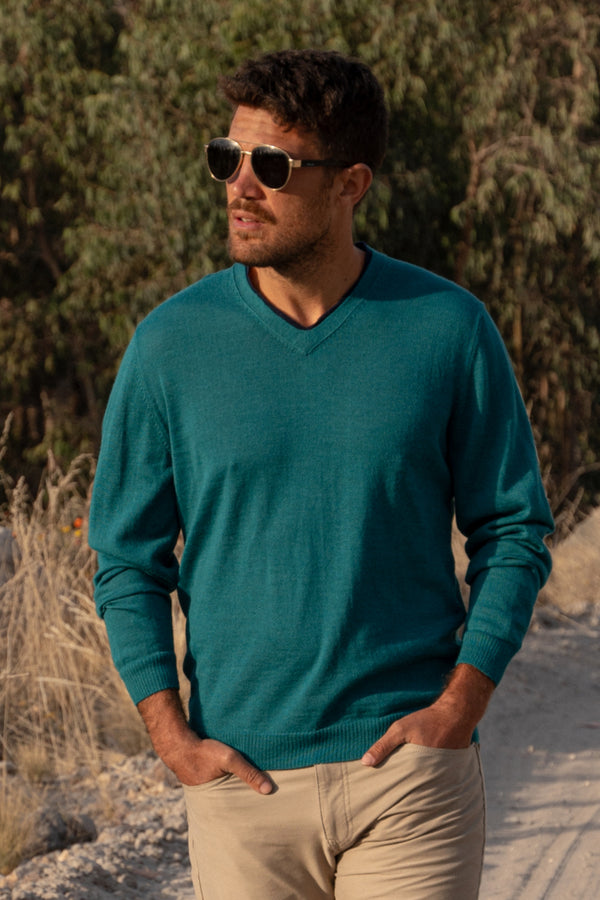 Sol Men's V-neck Baby Alpaca Sweater — sea green baby alpaca by Alpaca Collections