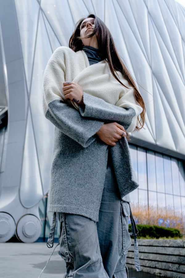 Barbara Knit Alpaca Coat / Long Cardigan — grey white alpaca by Alpaca Collections