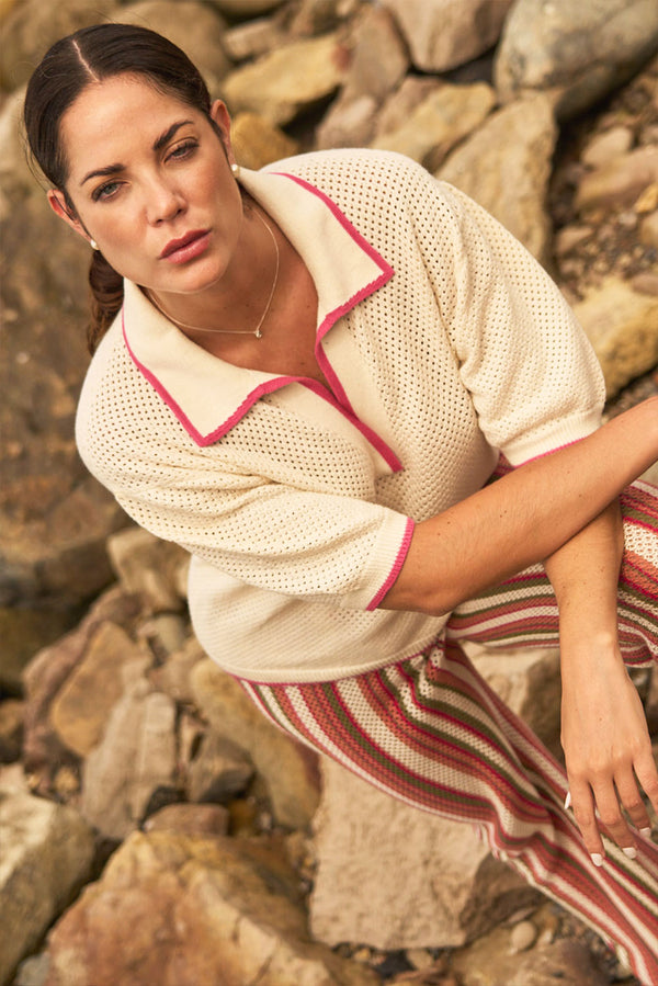 Daphne Pima Cotton Shirt — Ecru / Pink — ecru / pink alpaca by Alpaca Collections