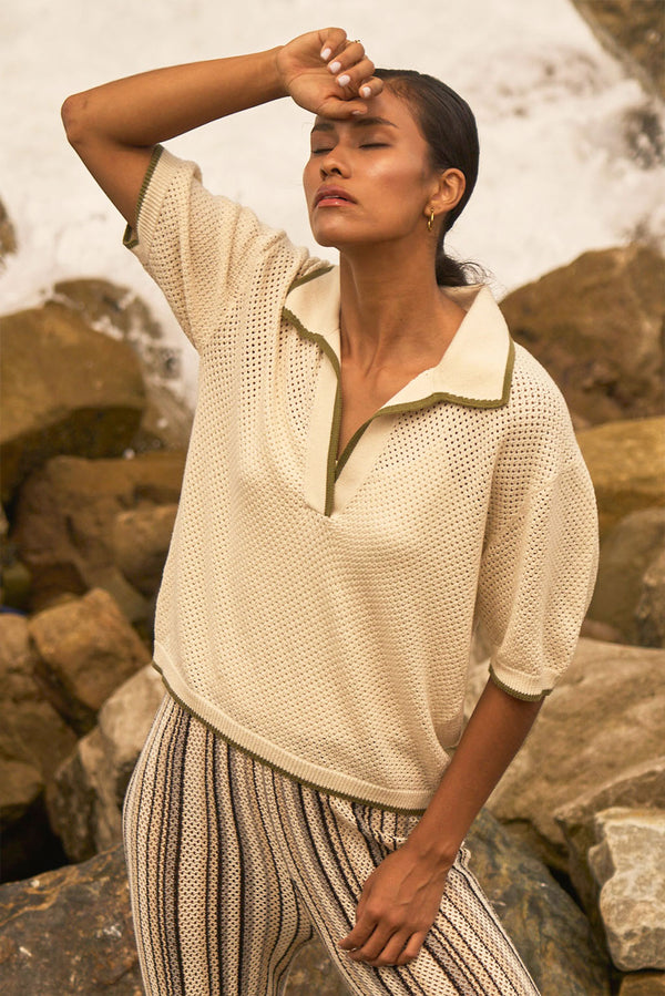 Daphne Pima Cotton Shirt — Ecru / Green — ecru / green alpaca by Alpaca Collections