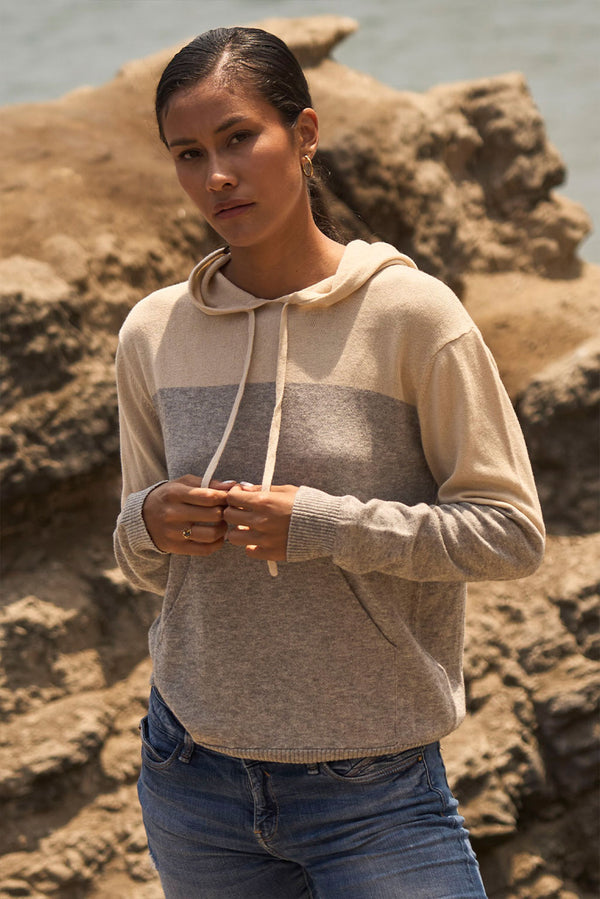 Demi Lightweight Cotton & Alpaca Hoodie — Beige / Grey — beige / grey alpaca by Alpaca Collections