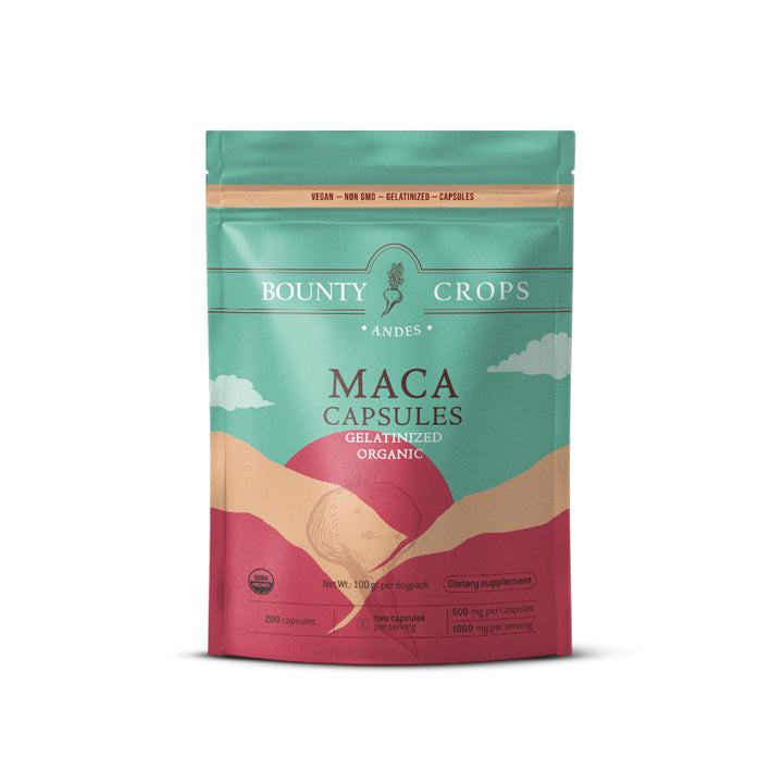 Organic Maca Root Capsules, Gelatinized, 200 units - 500mg. per capsule ($0.11 x capsule)