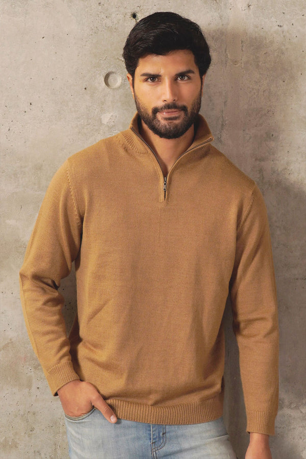 Men's Half-Zip Royal Alpaca Sweater — Camel — camel royal alpaca by Alpaca Collections