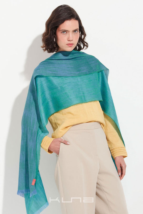 Zankov Baby Alpaca & Silk Wrap/Scarf — green/sky blue baby alpaca by Kuna