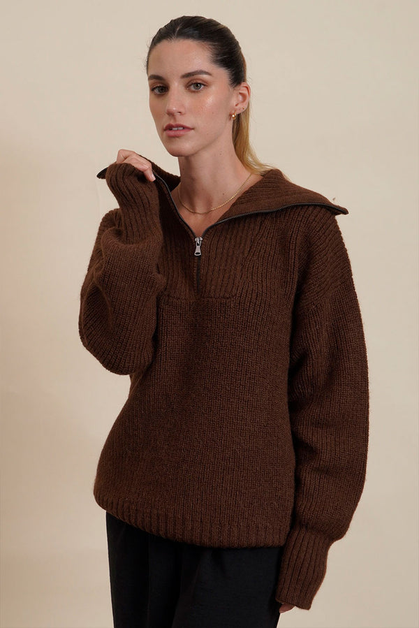 Kim Half-Zip Baby Alpaca Sweater — Chocolate — chocolate baby alpaca by Alpaca Collections