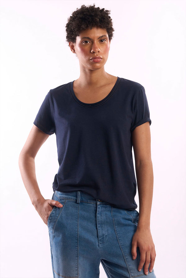 Women's Round-Neck Pima Cotton T-Shirt — Navy — navy alpaca by Alpaca Collections