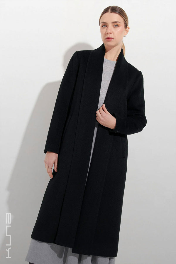 Long Baby Alpaca Swing Coat - Fitted — Black — black baby alpaca by Kuna