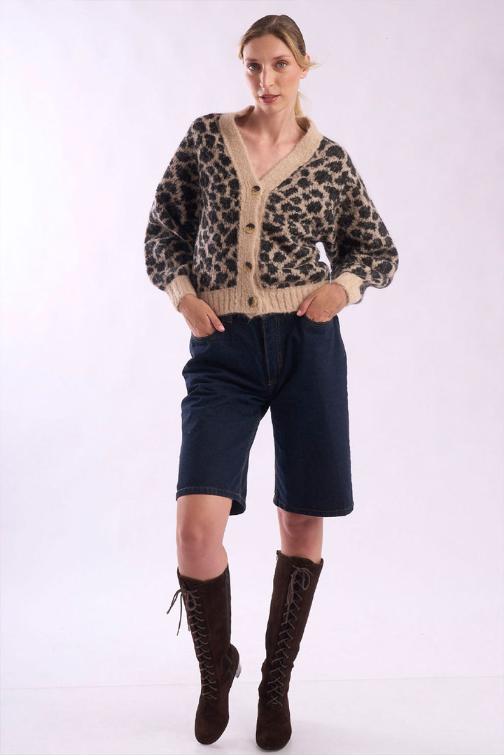 Leopard Print Short Alpaca Cardigan