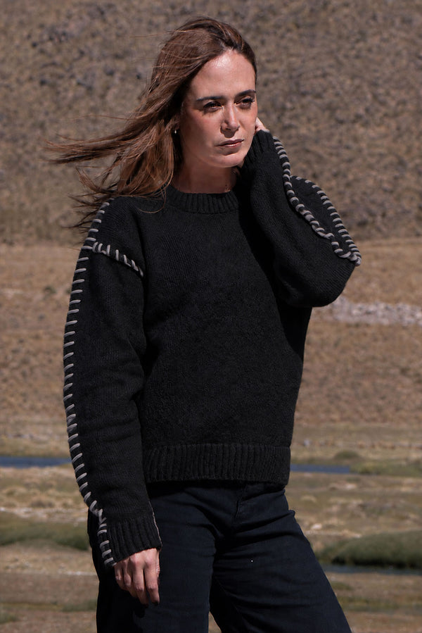 Stitch Detail Baby Alpaca Sweater — Black — black baby alpaca by Alpaca Collections