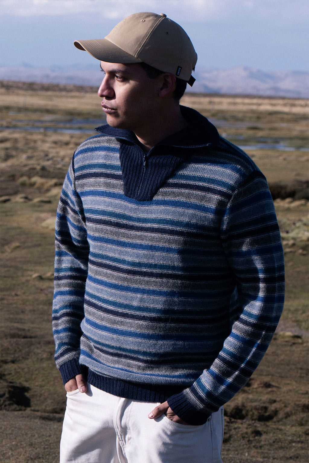 Striped Zip Collar Alpaca Sweater