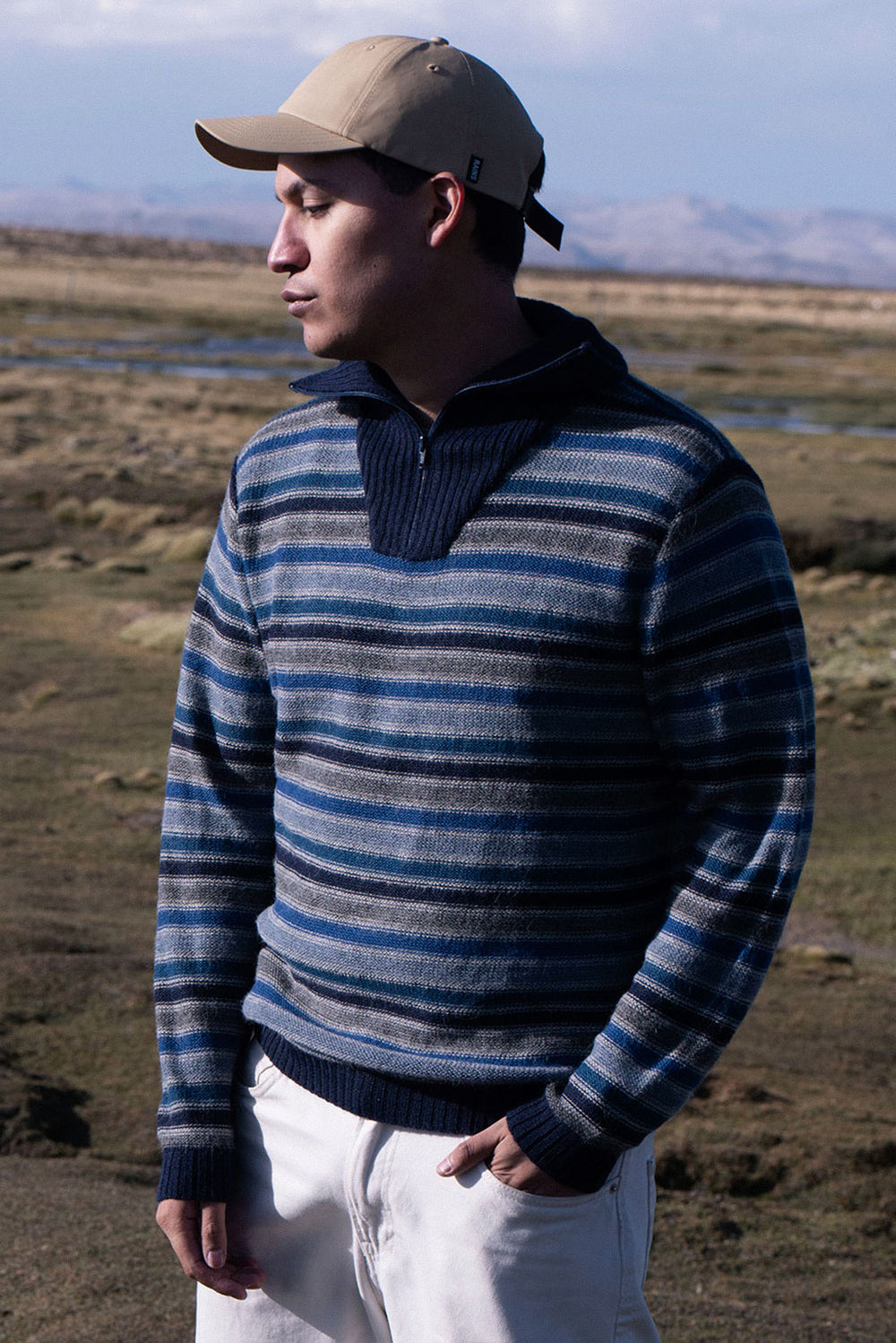Striped Zip Collar Alpaca Sweater