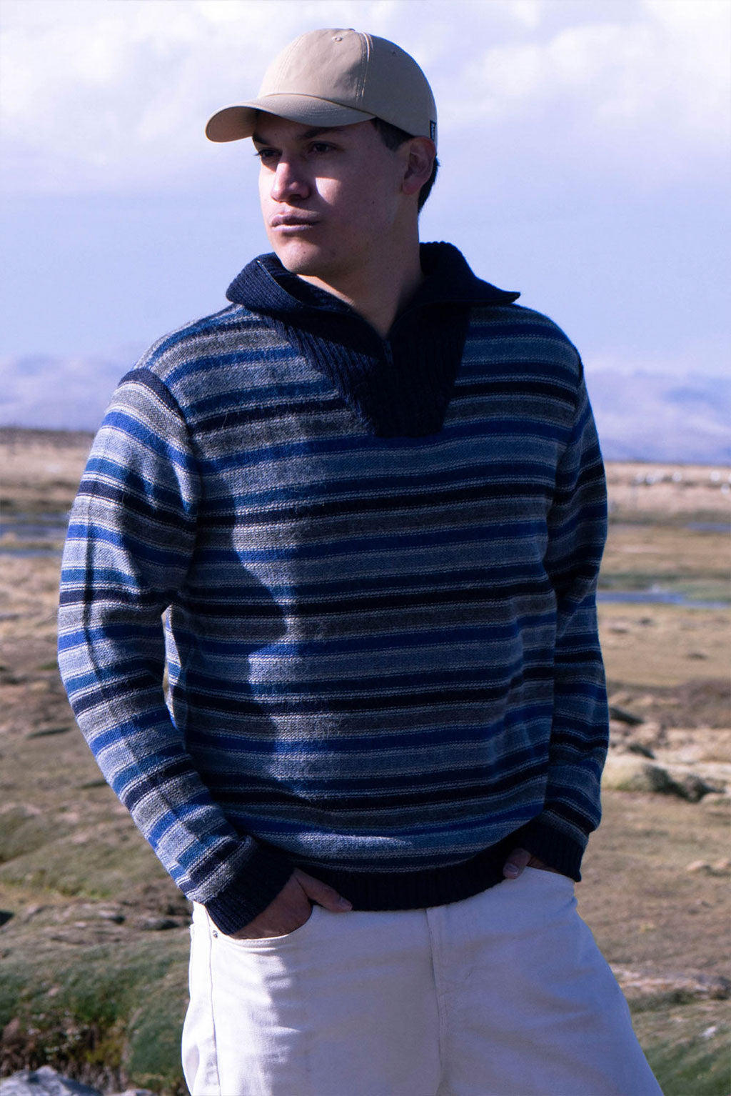 Striped Zip Collar Alpaca Sweater