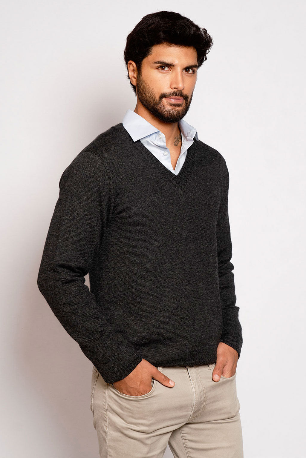 v neck sweater over dress shirt how to wear lasting materials. Men's V-Neck Royal Alpaca Sweater