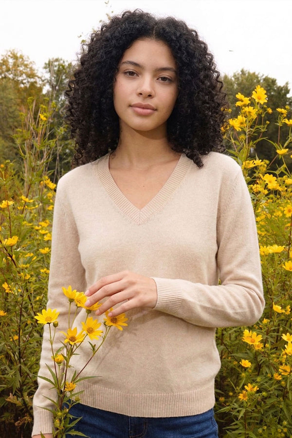 Women's V-Neck Cotton & Alpaca Sweater — Beige — beige baby alpaca by Alpaca Collections