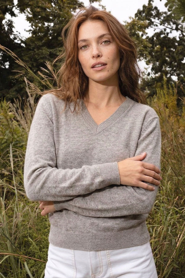 Women's V-Neck Cotton & Alpaca Sweater — Grey — grey baby alpaca by Alpaca Collections
