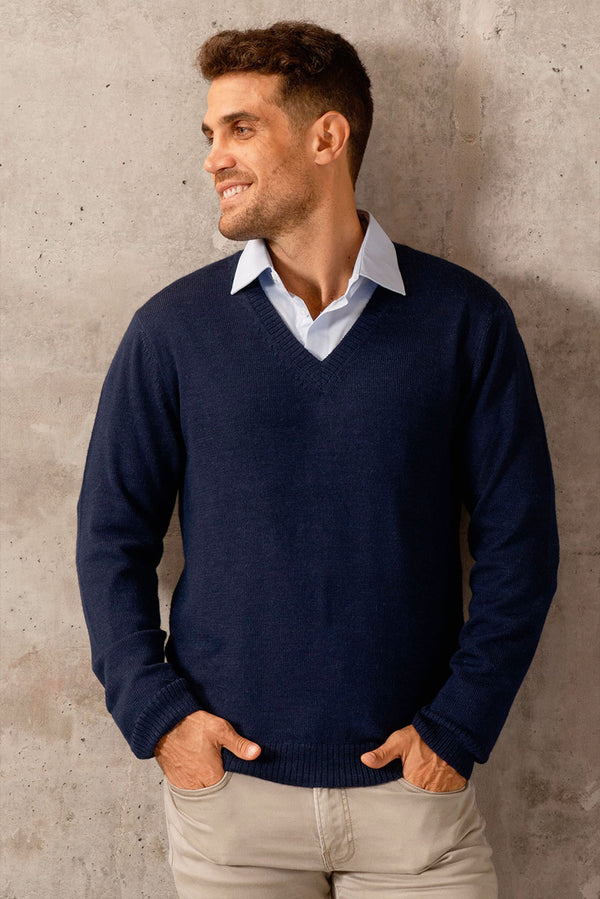 Men's V-Neck Royal Alpaca Sweater — Navy — navy royal alpaca by Alpaca Collections