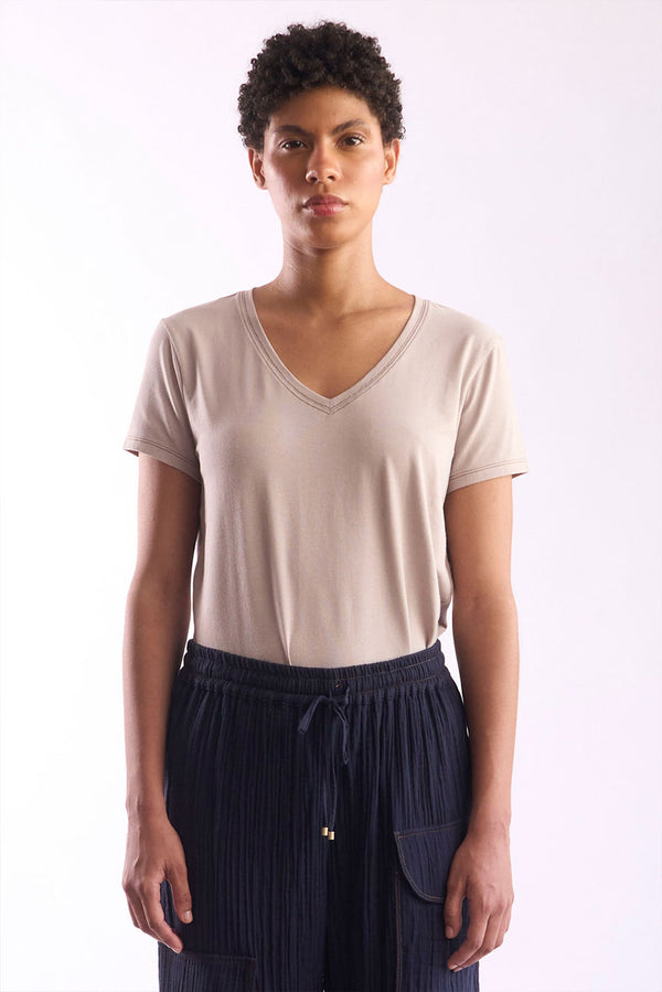 Women's V-Neck Pima Cotton T-Shirt — Sand — sand alpaca by Alpaca Collections