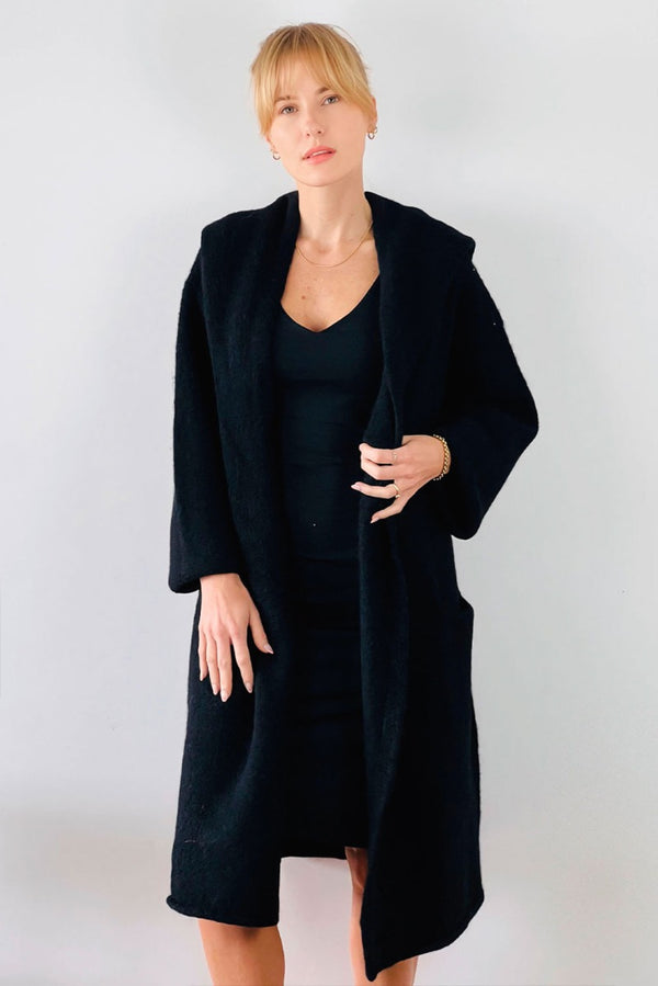 Belen Hooded Knit Alpaca Coat / Long Cardigan — black alpaca by Alpaca Collections