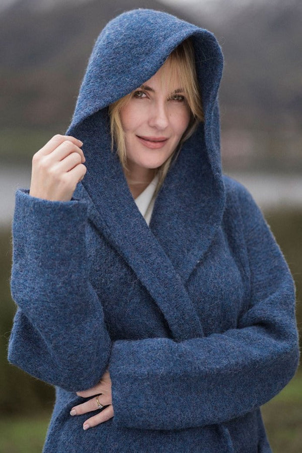 Belen Hooded Knit Alpaca Coat / Long Cardigan — Denim — denim alpaca by Alpaca Collections