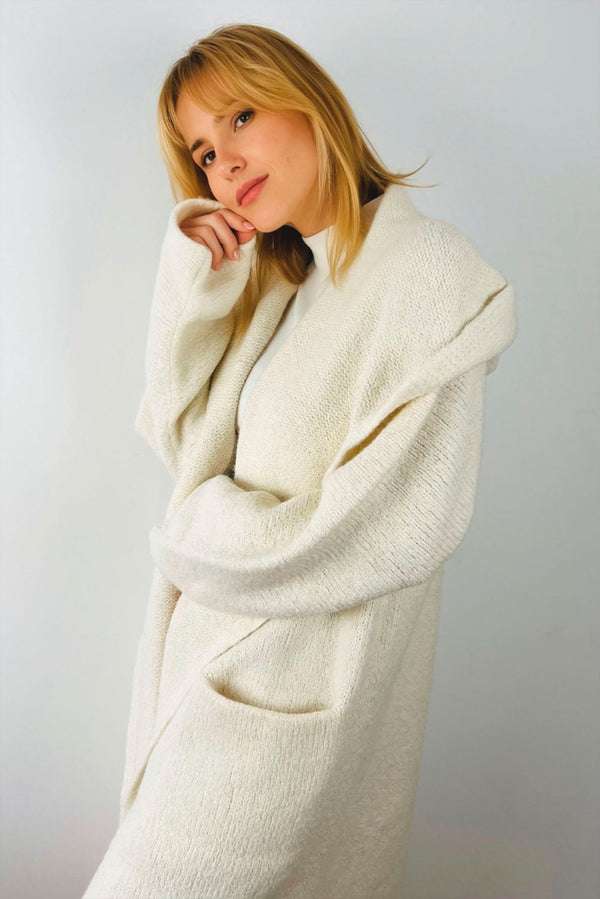 Belen Hooded Knit Alpaca Coat / Long Cardigan — White — white alpaca by Alpaca Collections