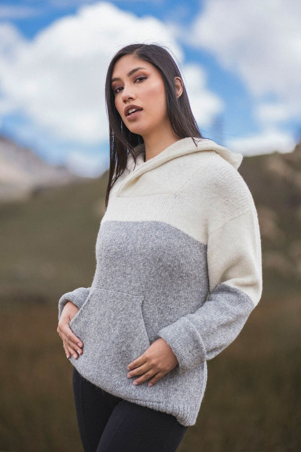 Coraline Alpaca Hoodie Pullover — White/Grey — white/grey alpaca by Alpaca Collections