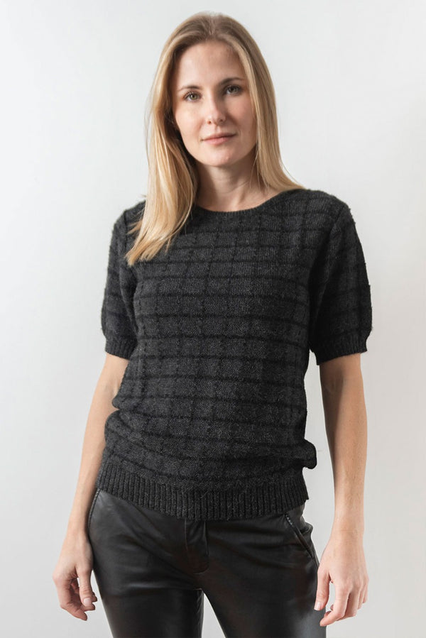 Plaid Short Sleeve Baby Alpaca Sweater — black baby alpaca by Runa Simi Khusco