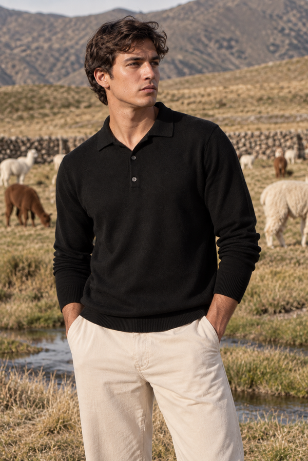 Men's Royal Alpaca Polo Sweater — Black — black royal alpaca by Alpaca Collections