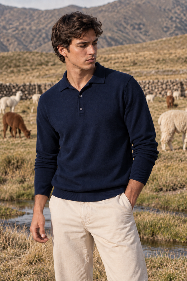 Men's Royal Alpaca Polo Sweater — Navy — navy royal alpaca by Alpaca Collections